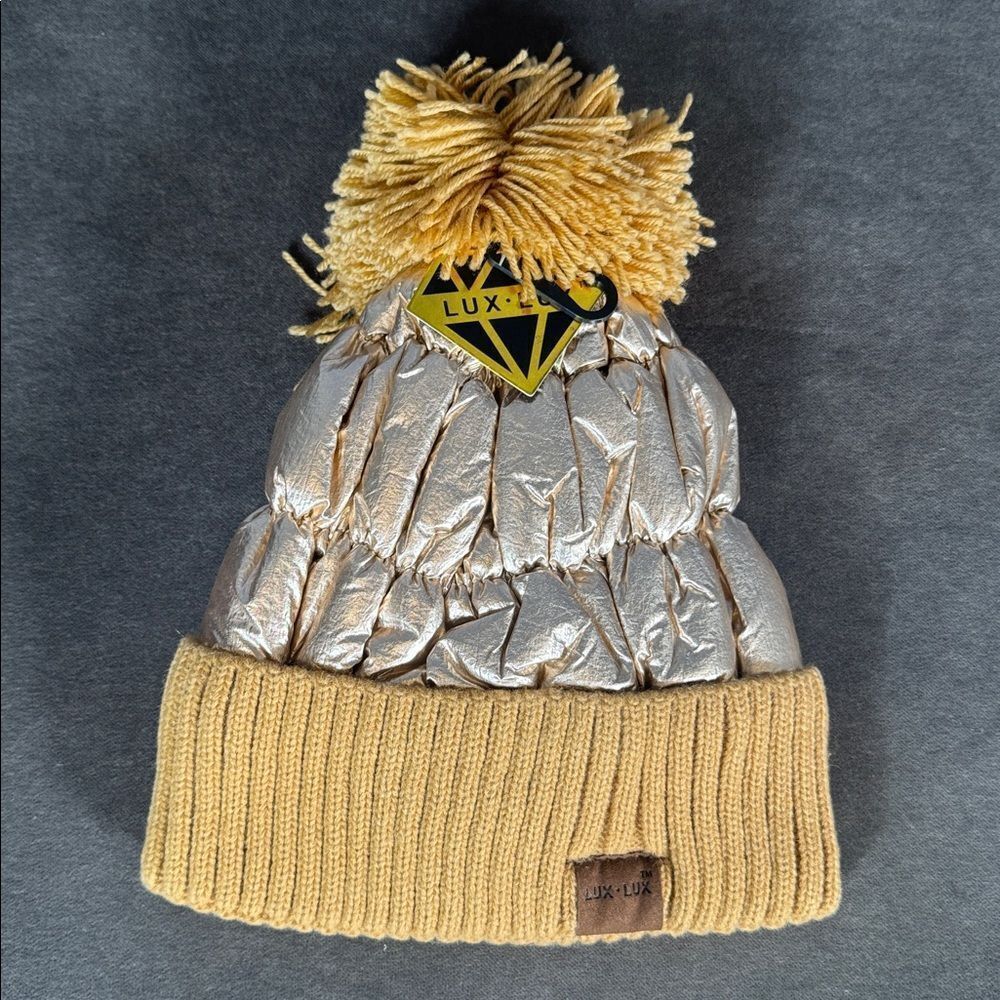 Adult Lux Lux Gold Puffer Beanie with Pom One Size fits Most NEW